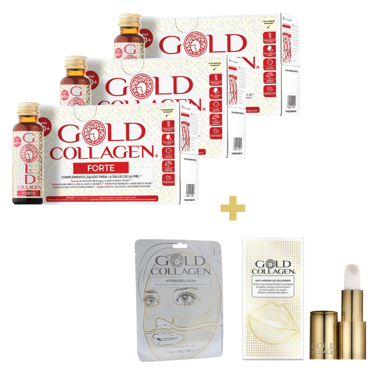 Pack 3 Gold Collagen Forte +Lip Labial + Mascarilla GRATIS– Logiservice Farma