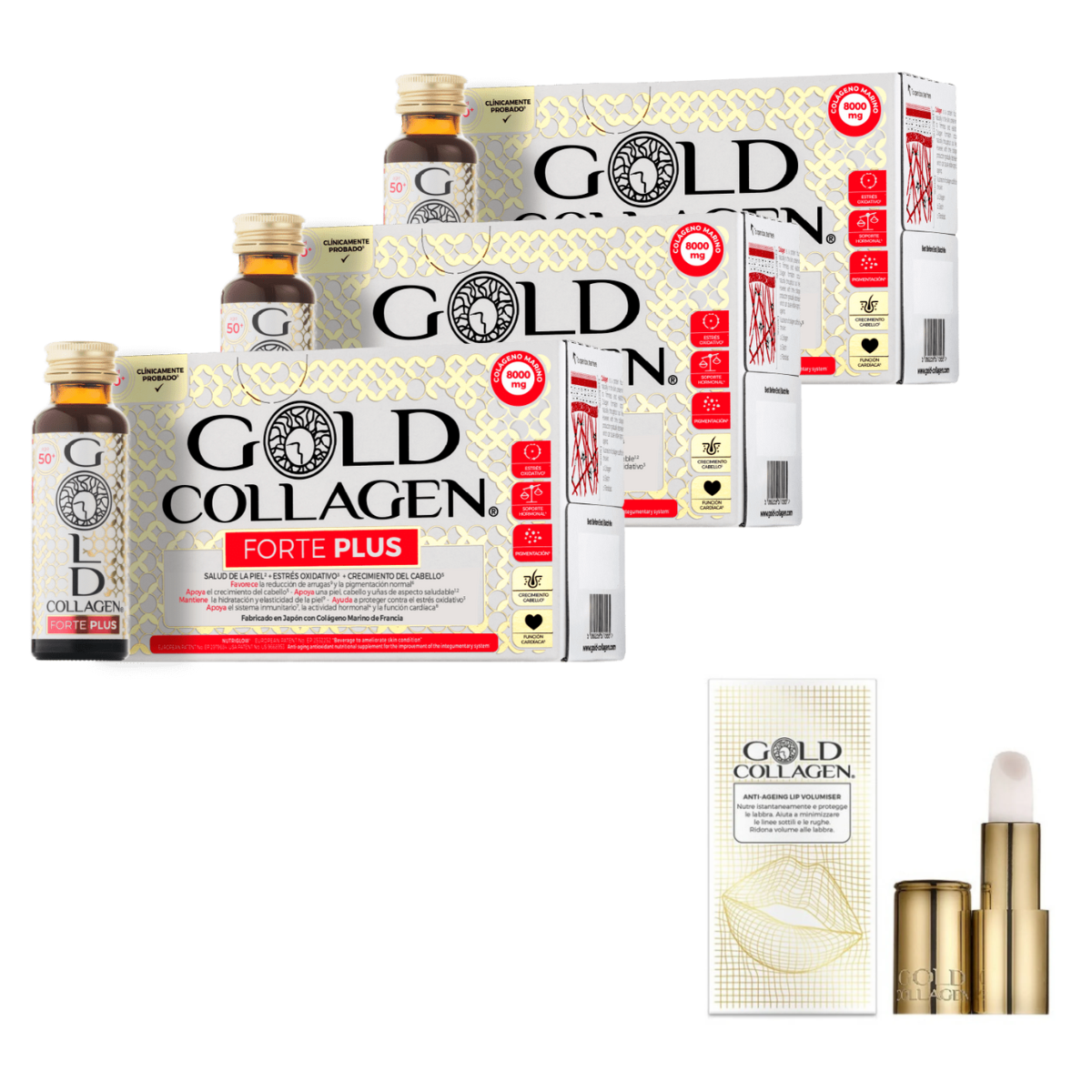 Pack 3 Gold Collagen Forte Plus + Lip Labial – Logiservice Farma