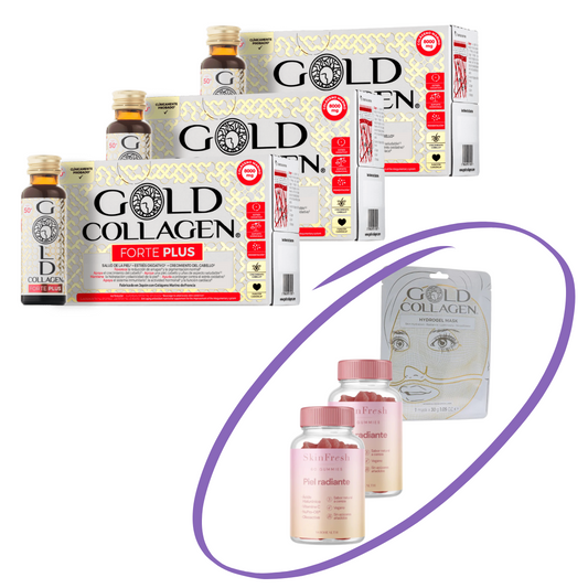 Pack 3 Gold Collagen Forte Plus  + Mascarilla + 2 Gummies Piel Radiante GRATIS–Logiservice Farma
