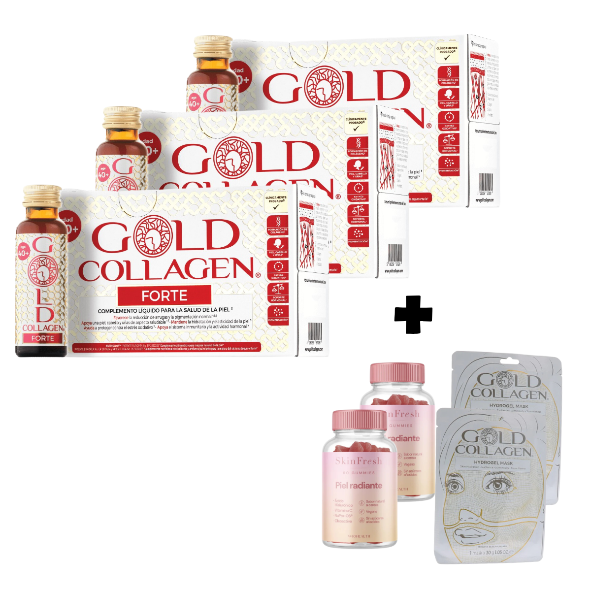 Pack 3 Gold Collagen Forte + 2 Mascarilla + 2 Gummies Piel Radiante GRATIS – Logiservice Farma