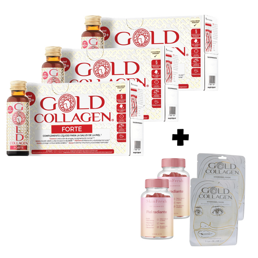 Pack 3 Gold Collagen Forte + 2 Mascarilla + 2 Gummies Piel Radiante GRATIS – Logiservice Farma