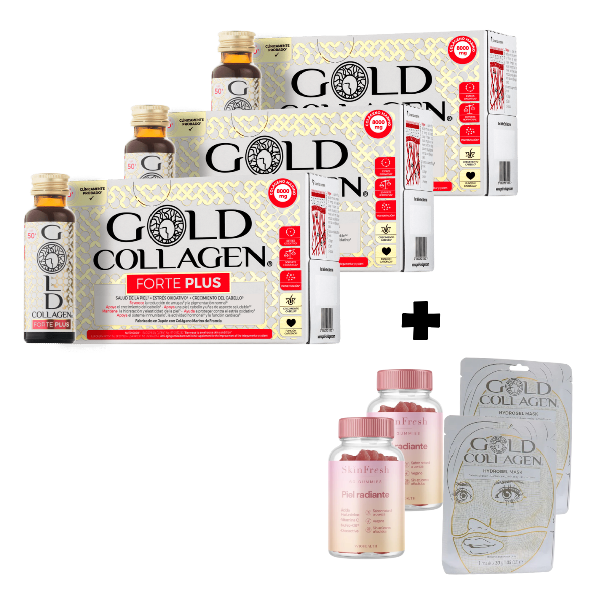 Pack 3 Gold Collagen Forte Plus  + 2 Mascarilla + 2 Gummies Piel Radiante GRATIS–Logiservice Farma