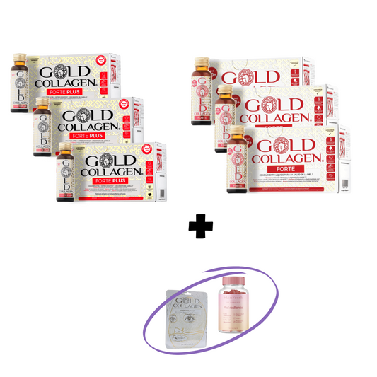 Pack 3  Gold Collagen Forte + Forte Plus  + 1 Mascarilla + Gummies Piel Radiante GRATIS..–Logiservice Farma