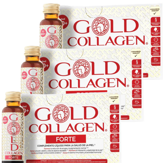 GOLD COLLAGEN Forte 10 frascos monodosis 50 ml. OFERTA PACK MENSUAL (x3).Complemento alimenticio ANTIEDAD a base de COLAGENO Y ANTIOXIDANTES. Promueve la belleza de la piel, cabello y uñas.