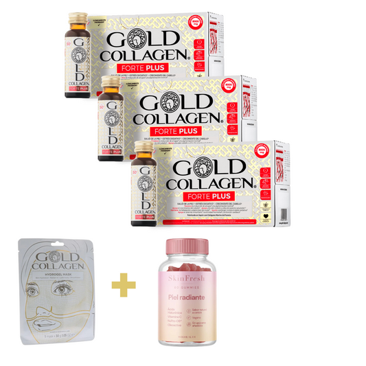 Gold Collagen Forte Plus 10u Pack mensual + Mascarilla Gold Collagen + Gummies Piel Radiante GRATIS–Logiservice Farma