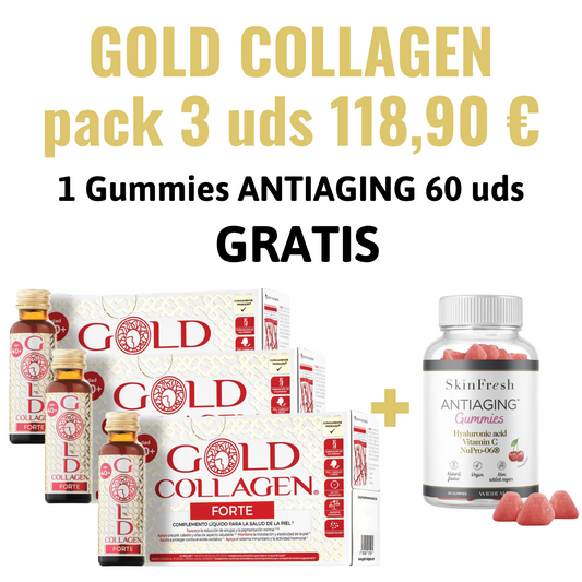 GOLD COLLAGEN Forte PACK MENSUAL (3 x 10 frascos monodosis) +1 GUMMIES ANTIAGING GRATIS -VITAMINAS PARA LA PIEL