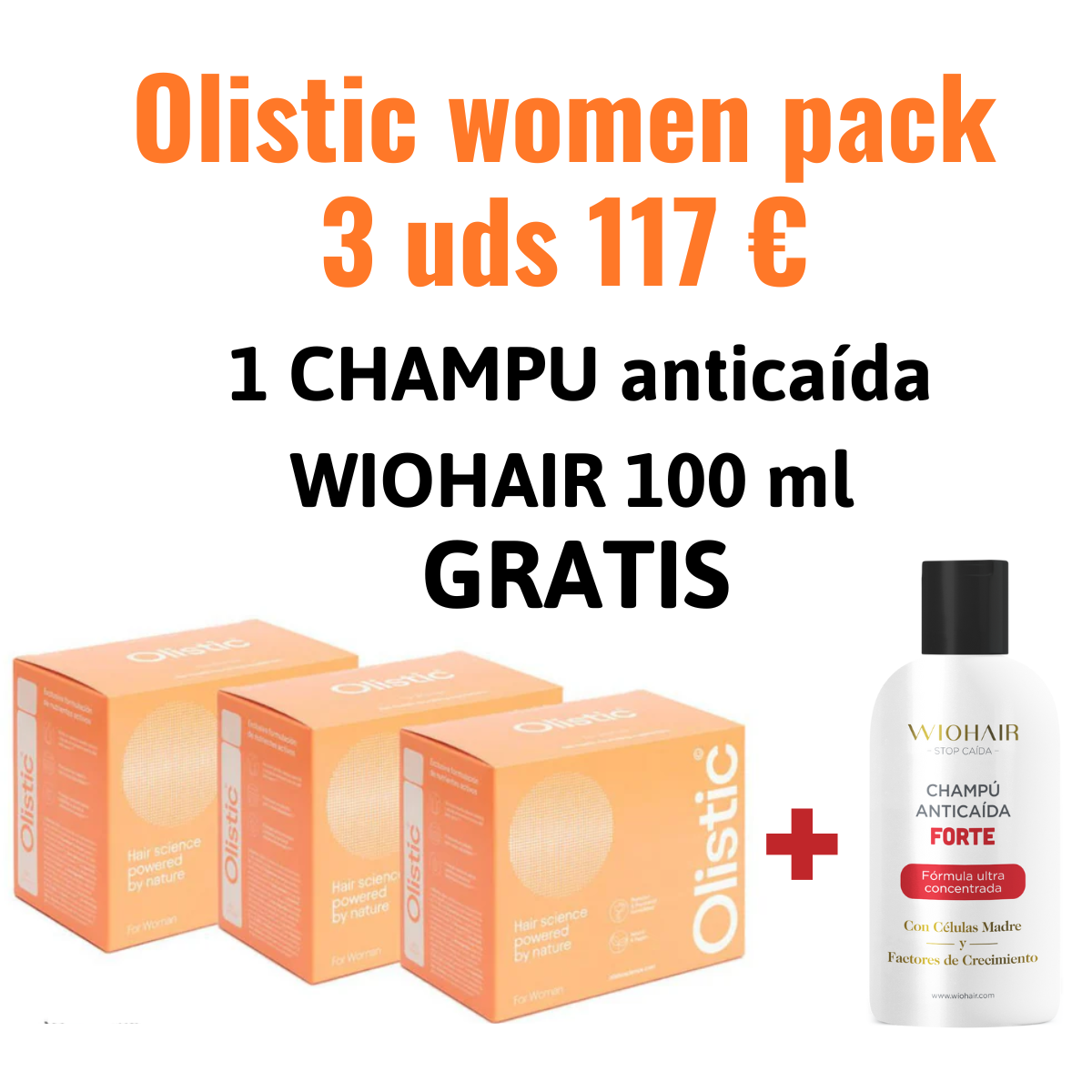 OLISTIC WOMEN 28 viales de 25 ml PACK DE 3  + 1 CHAMPU anticaída WIOHAIR 100 ml. GRATIS