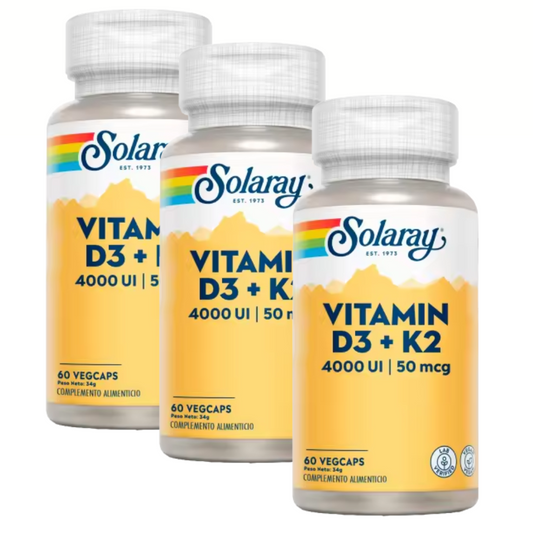 SOLARAY VITAMINA D3 K2 60 Cápsulas.  Complemento alimenticio que contribuye al normal mantenimiento de la salud OSEA y CARDIOVASCULAR. PACK de 3