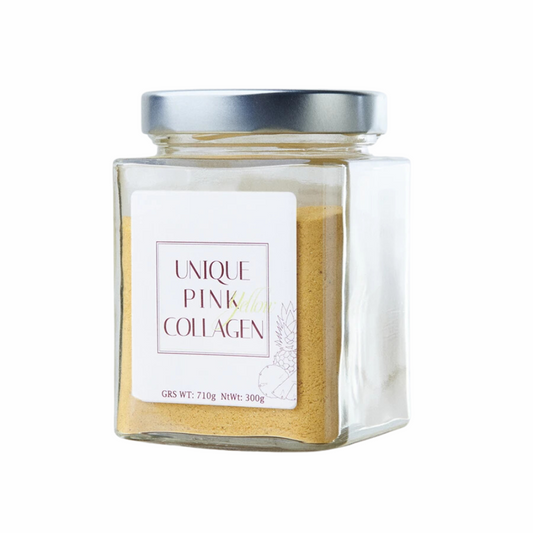 UNIQUE PINK YELOW COLLAGEN. Complemento alimenticio a base de péptidos de colágeno, vitaminas y minerales.