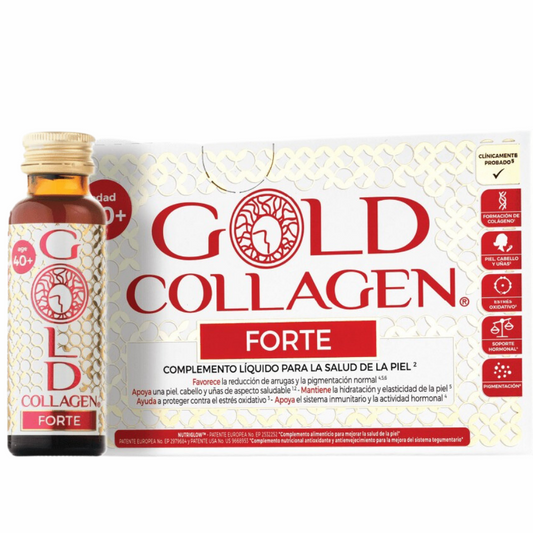 GOLD COLLAGEN Forte 10 frascos monodosis 50 ml. Complemento alimenticio ANTIEDAD a base de COLAGENO Y ANTIOXIDANTES. Promueve la belleza de la piel, cabello y uñas.