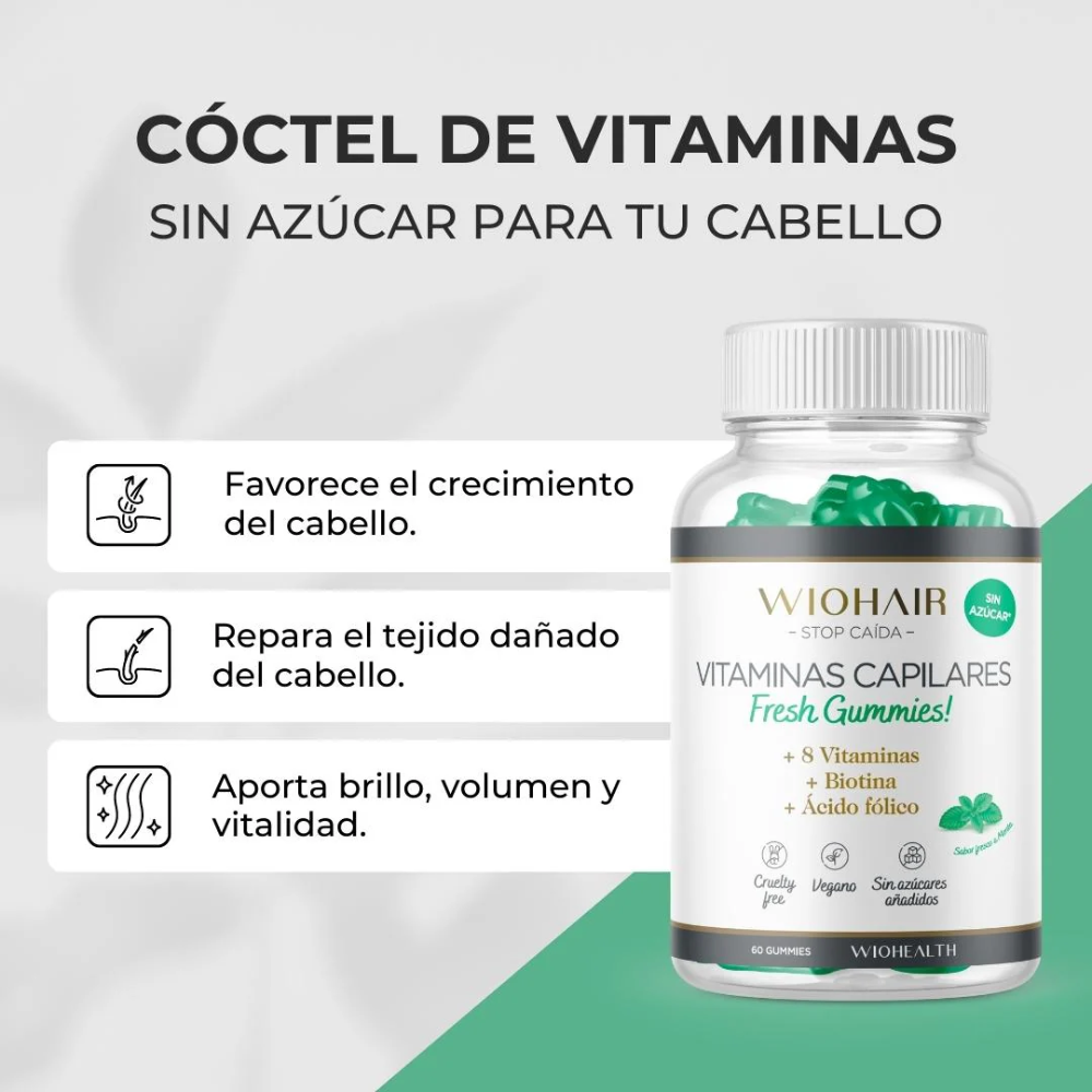 WIOHAIR GUMMIES ANTICAÍDA MENTA 60 unidades. SIN AZÚCAR